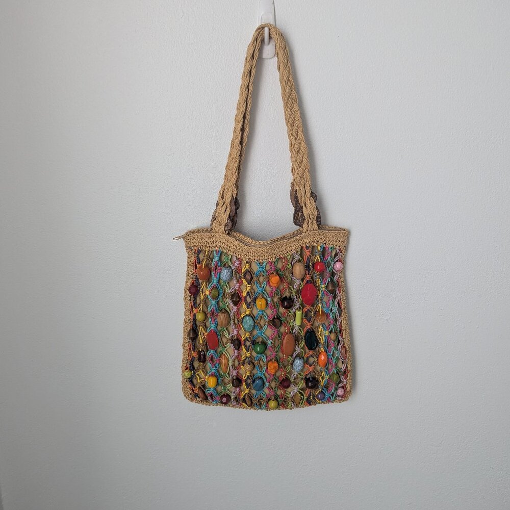 Vintage Capelli Straworld Beaded Macrame Jute Stone Purse